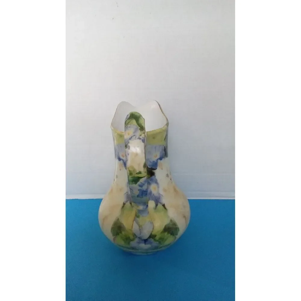 Vintage Hand-Painted Ceramic‎ Pitcher with Floral Design and Cat Motif Vase